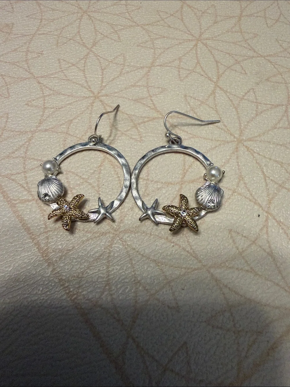 Silver Hoop Earrings with Gold Starfish and Pearl Accent